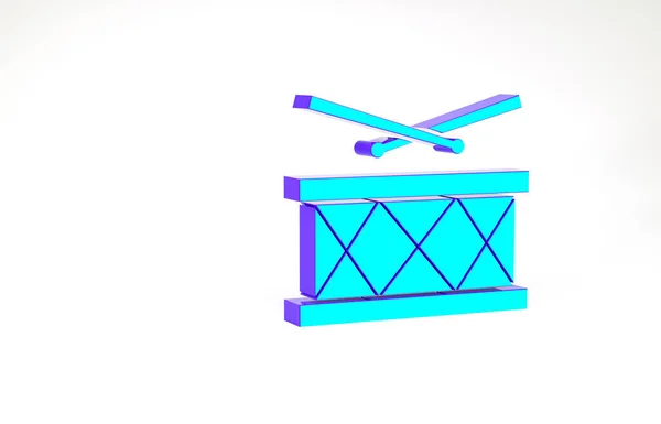 Tamburo turchese con icona a bacchette isolata su sfondo bianco. Segno musicale. Simbolo strumento musicale. Concetto minimalista. Illustrazione 3d rendering 3D — Foto Stock