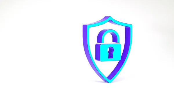 Türkiz Pajzs biztonság zár ikon elszigetelt fehér háttér. Védelem, biztonság, jelszóvédelem. Tűzfal hozzáférés adatvédelmi tábla. Minimalizmus koncepció. 3d illusztráció 3D render — Stock Fotó