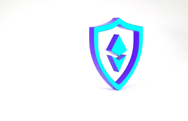 Turquoise Shield Ethereum ETH εικόνα απομονωμένη σε λευκό φόντο. Εξόρυξη κρυπτονομισμάτων, τεχνολογία blockchain, ασφάλεια, προστασία, ψηφιακό χρήμα. Μινιμαλιστική έννοια. 3d απεικόνιση 3D καθιστούν — Φωτογραφία Αρχείου
