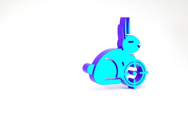 Caza de turquesa en conejo con icono de punto de mira aislado sobre fondo blanco. Logotipo del club de caza con conejo y objetivo. Lente de rifle apuntando a una liebre. Concepto minimalista. 3D ilustración 3D render — Foto de Stock