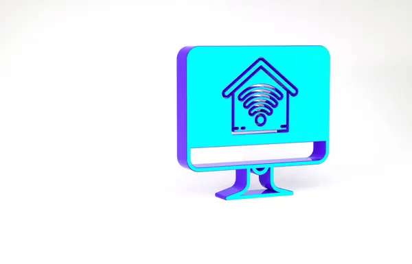 Turquoise Computer monitor with smart home with wi-fi icon isolated on white background. Remote control. Minimalism concept. 3d illustration 3D render