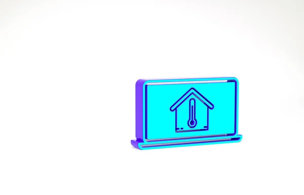 Laptop turquesa com ícone de temperatura da casa isolado no fundo branco. Ícone do termómetro. Conceito de minimalismo. 3D ilustração 3D render — Fotografia de Stock