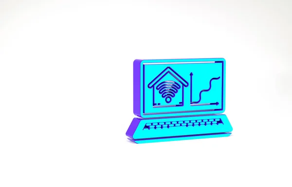 Ordenador portátil turquesa con hogar inteligente con icono wi-fi aislado sobre fondo blanco. Control remoto. Concepto minimalista. 3D ilustración 3D render — Foto de Stock
