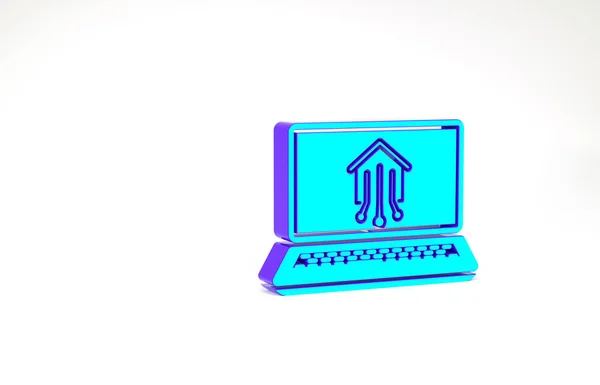 Turkoois Laptop met smart home icoon geïsoleerd op witte achtergrond. Afstandsbediening. Minimalisme concept. 3d illustratie 3D renderen — Stockfoto