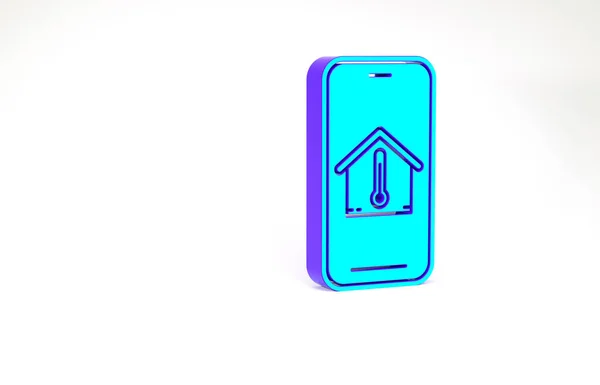 Τυρκουάζ Κινητό τηλέφωνο με εικονίδιο θερμοκρασίας σπιτιού απομονωμένο σε λευκό φόντο. Εικόνα θερμόμετρου. Μινιμαλιστική έννοια. 3d απεικόνιση 3D καθιστούν — Φωτογραφία Αρχείου
