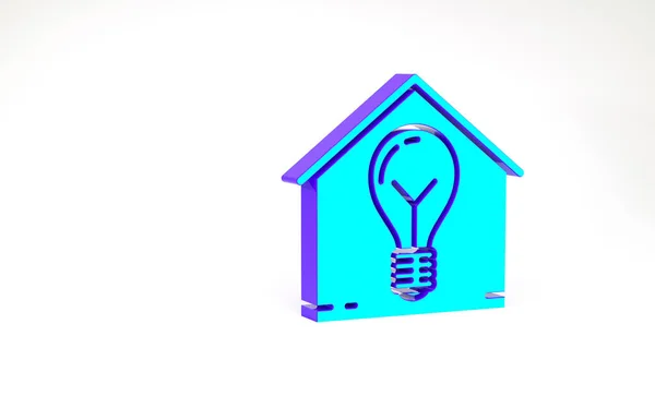 Turchese Smart casa e lampadina icona isolata su sfondo bianco. Concetto minimalista. Illustrazione 3d rendering 3D — Foto Stock