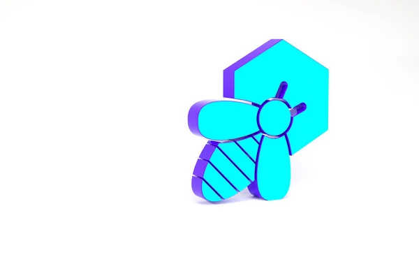 Turkusowa pszczoła i ikona plastra miodu odizolowane na białym tle. Komórki miodu. Pszczoła miodna lub małpa z symbolem skrzydeł. Latający insekt. Słodkie naturalne jedzenie. Koncepcja minimalizmu. Ilustracja 3D 3D renderowania — Zdjęcie stockowe