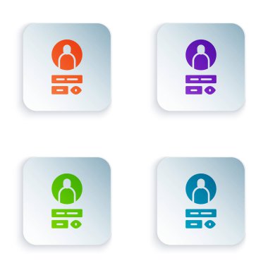 Beyaz arkaplanda izole edilmiş renk hesap ekranı simgesi oluştur. Kare düğmelere renkli simgeleri yerleştir. Vektör İllüstrasyonu.