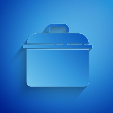 Kağıt kesiği, mavi arkaplanda izole edilmiş tencere ikonu. Haşlama ya da güveç besin sembolü. Kağıt sanatı tarzı. Vektör.