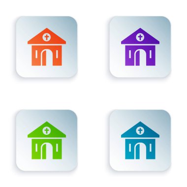 Renkli Kilise binası simgesi beyaz arkaplanda izole edilmiş. Hıristiyan Kilisesi. Kilisenin dini. Kare düğmelere renkli simgeleri yerleştir. Vektör.