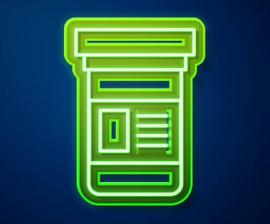 Parlayan neon hattı ilaç şişesi ikonu mavi arka planda izole edilmiş. Şişe hapı işareti. Eczane tasarımı. Vektör İllüstrasyonu.