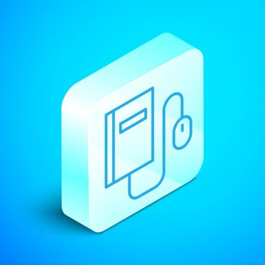 Mavi arkaplanda fare simgesinin izole edildiği Isometric line Electronic book. Çevrimiçi eğitim kavramı. E-kitap rozet ikonu. Gümüş kare düğme. Vektör İllüstrasyonu.