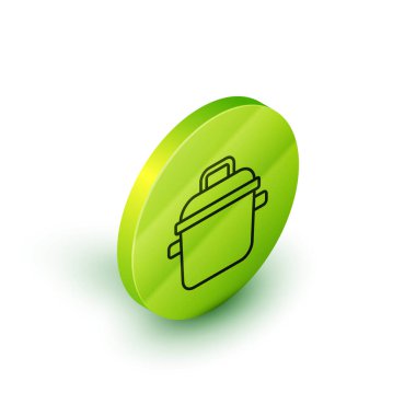 Beyaz arkaplanda izole edilmiş Isometric hattı tencere ikonu pişirme. Haşlama ya da güveç besin sembolü. Yeşil daire düğmesi. Vektör.