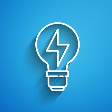 Mavi arka planda, üzerinde yıldırım sembolü olan beyaz çizgi lambası. Lamba ışığı. Fikir sembolü. Uzun gölge. Vektör.