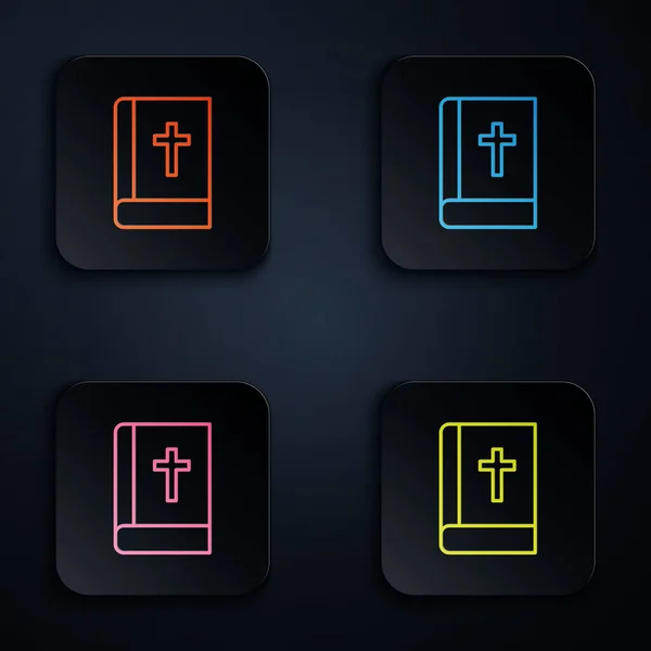 Farbige Leuchtschrift Heiliges Bibelbuch Symbol Isoliert Auf Schwarzem Hintergrund Setzen — Stockvektor