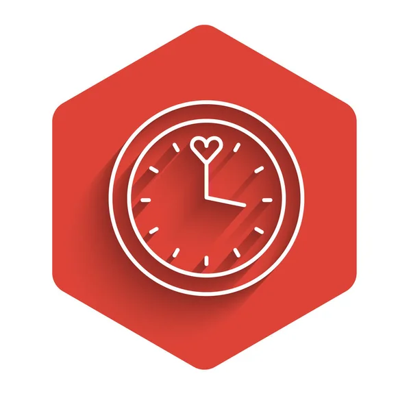 Weiße Linie Uhr Symbol Isoliert Mit Langem Schatten Zeitsymbol Roter — Stockvektor