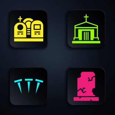 Eski mezarı mezar taşıyla, mezarı mezar taşıyla, metal çivilerle ve eski mahzenle donatın. Siyah kare düğme. Vektör