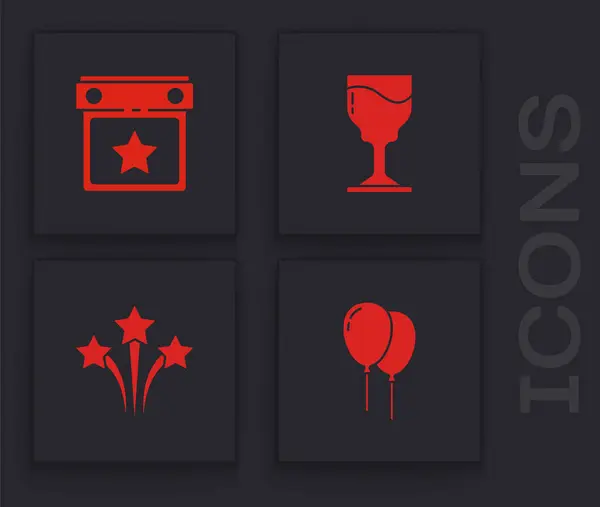 Establecer globos con cinta, fiesta del calendario, copa de vino y el icono de fuegos artificiales. Vector — Vector de stock