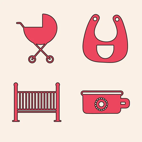 Set Baby-Töpfchen, Kinderwagen, Baby-Lätzchen und Babywiege-Bett-Symbol. Vektor — Stockvektor