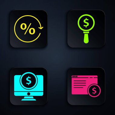 Çevrimiçi alışverişi ekrana getir, yüzde indirim etiketi, dolar ve büyüteçle bilgisayar monitörü. Siyah kare düğme. Vektör