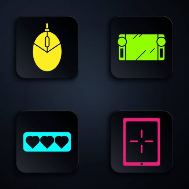 Tablet 'i, Bilgisayar faresi oyununu, kalbi ve taşınabilir oyun konsolunu ayarla. Siyah kare düğme. Vektör