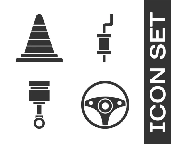 Set Lenkrad, Verkehrskegel, Motorkolben und Auto-Schalldämpfer-Symbol. Vektor — Stockvektor