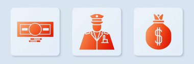 Polis memuru ayarlayın, kağıt para ve para çantası istifleyin. Beyaz kare düğme. Vektör