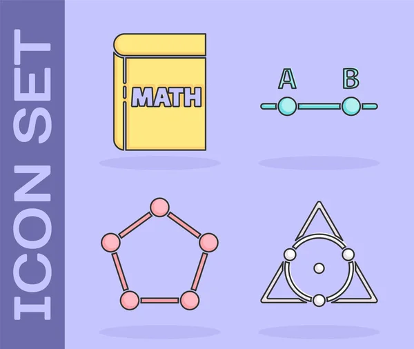 Üçgen matematiğini, kelime matematiğini, geometrik figür pentagonal prizmayı ve grafiği, takvimi, grafiği, diyagram simgesini ayarla. Vektör — Stok Vektör