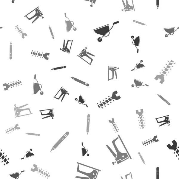 Set Wheelbarrow, Construction stapler, Metallic screw and Pencil with eraser on seamless pattern. Vector — Stock Vector