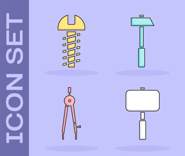 Set Sledgehammer, Metallic screw, Drawing compass and Hammer icon. Vector — Stock Vector