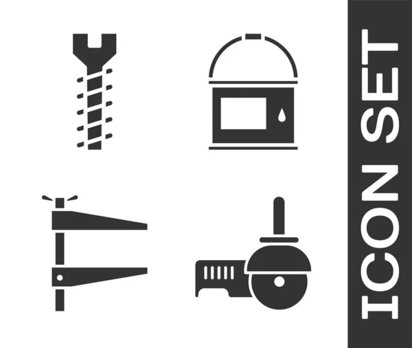 Set Amoladora angular, Tornillo metálico, Herramienta de abrazadera e icono de cubo de pintura. Vector — Archivo Imágenes Vectoriales
