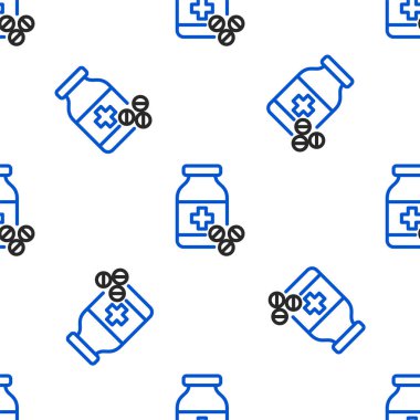 Hat ilacı şişesi ve hap ikonu beyaz arka planda izole edilmiş kusursuz desen. Şişe hapı işareti. Eczane tasarımı. Renkli taslak konsepti. Vektör.