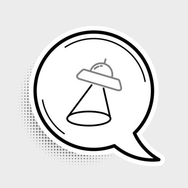 UFO uçan uzay gemisi simgesi gri arkaplanda izole edildi. Uçan daire. Uzaylı uzay gemisi. Gelecekteki bilinmeyen uçan nesne. Renkli taslak konsepti. Vektör.