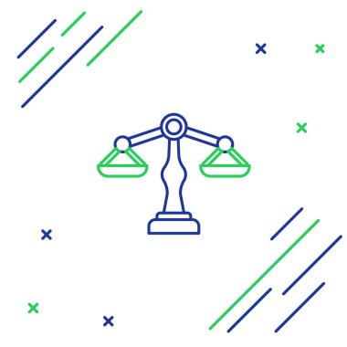 Beyaz arka planda izole edilmiş adalet simgesi çizgileri. Hukuk mahkemesi sembolü. Denge tabelaları. Renkli taslak konsepti. Vektör.