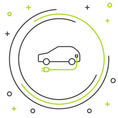 Elektrik hattı arabası ve elektrik kablosu şarj ikonu beyaz arka planda izole edildi. Yenilenebilir ekolojik teknolojiler. Renkli taslak konsepti. Vektör.