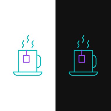 Beyaz ve siyah arkaplanda izole edilmiş çay poşeti ikonu olan bir çay bardağı. Renkli taslak konsepti. Vektör.