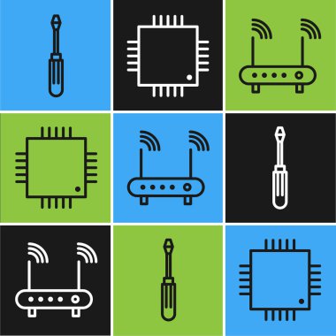 Tornavida, Router, wi-fi sinyali ve işlemciyi mikro devre işlemci simgesiyle ayarla. Vektör.