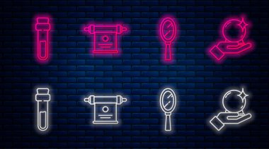 Sihirli parşömen, sihirli el aynası, aşk iksiri şişesi ve sihirli top. Tuğla duvarda parlayan neon simgesi. Vektör.