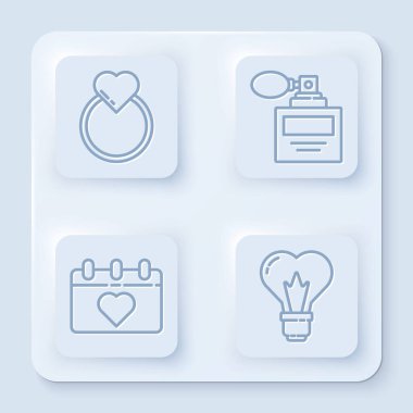 Nişan yüzüğü, parfüm, 8 Mart takvimi ve kalp şeklinde bir ampul. Beyaz kare düğme. Vektör.