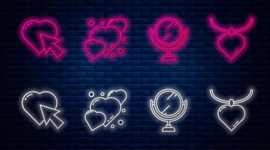 Kalp çizgisi, yuvarlak makyaj aynası, kalp ve imleç tıkırtısı ve kalp şeklindeki kolye. Tuğla duvarda parlayan neon simgesi. Vektör.