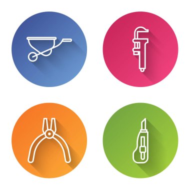 El arabası, Calliper ya da kalibre ve ölçeği ayarla. Kerpeten aleti ve kırtasiye bıçağı. Renkli daire düğmesi. Vektör.