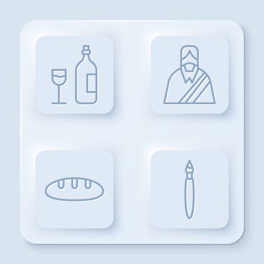 Cam kaplı şarap şişesi, İsa Mesih, ekmek somunu ve boya fırçası. Beyaz kare düğme. Vektör.