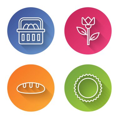 Sepet, paskalya yumurtaları, çiçek lalesi, ekmek somunu ve güneş. Renkli daire düğmesi. Vektör.