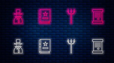 Eskiler 'in sihirli kitabı, Neptune Mızrağı, Sihirbaz ve Kararname, kağıt, parşömen, parşömen. Tuğla duvarda parlayan neon simgesi. Vektör.