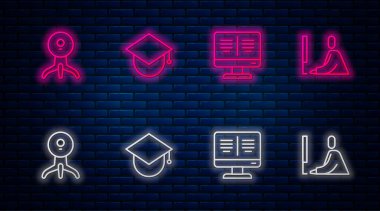Dünya 'da Mezuniyet Başlığı, Çevrimiçi Kitap Monitörü, Web Kamerası ve Çalışan Öğrenci Bilgisayarı. Tuğla duvarda parlayan neon simgesi. Vektör.