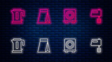 Kahve çekirdekleri, elektrikli soba, su ısıtıcısı ve mikser. Tuğla duvarda parlayan neon simgesi. Vektör.