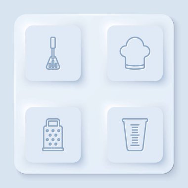 Hattı ayarla, Spatula, Şef şapkası, Grater ve Ölçme kabı. Beyaz kare düğme. Vektör.