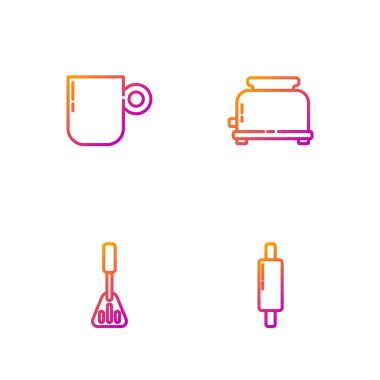 Hattı yuvarlak iğne, Spatula, kahve fincanı ve tost makinesine ayarla. Renk simgeleri. Vektör.