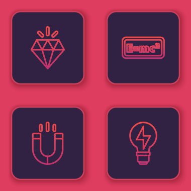 Pırlanta, mıknatıs, denklem çözeltisi ve yıldırımlı ampul ayarlayın. Mavi kare düğme. Vektör.