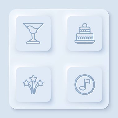 Cocktail, Pasta, Havai fişek ve Müzik notası, ton. Beyaz kare düğme. Vektör.